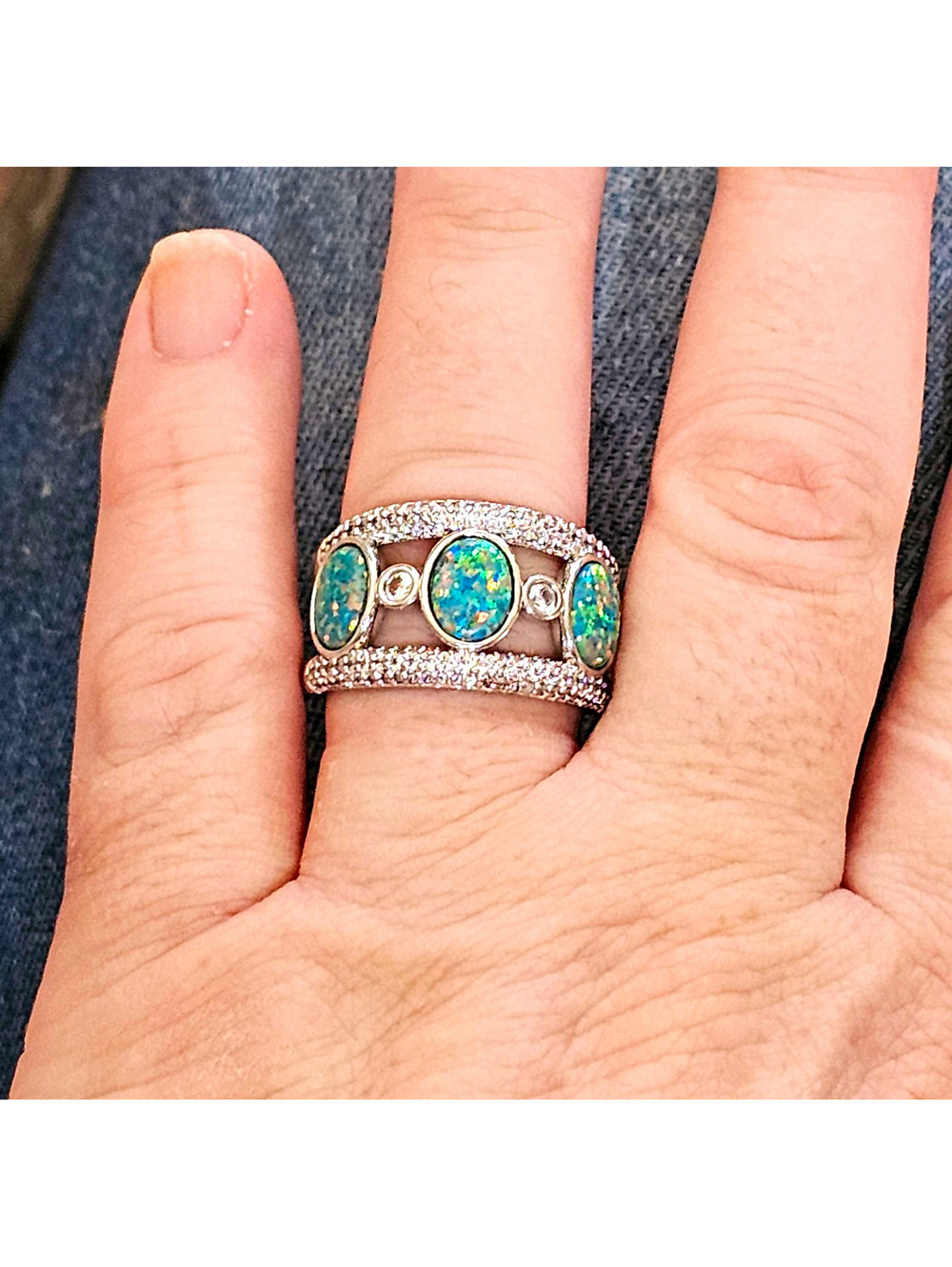 Lab Opal Ring Band Rhodium Silver Tone Size 10 Bomb Party Rare Unicorn RG98503